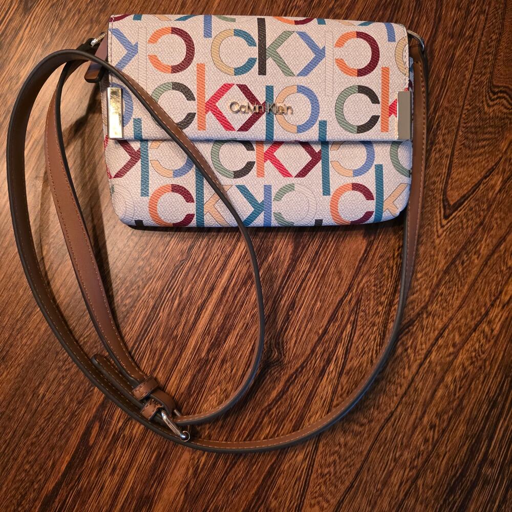 Calvin Klein White Multicolor CK Logo Crossbody with Tan Strap